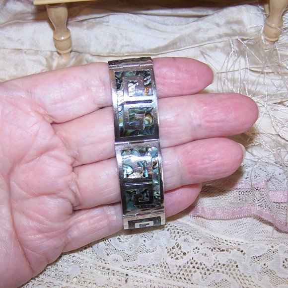 Los Ballesteros Sterling Silver Abalone Inlay Link Bracelet - Greek Key Design - Picture 6 of 9
